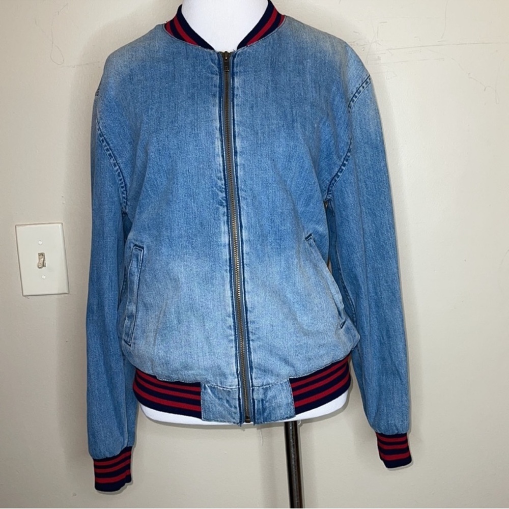 American Eagle Denim Bomber Jacket Varsity Striped Trim Light Wash Blue Small S